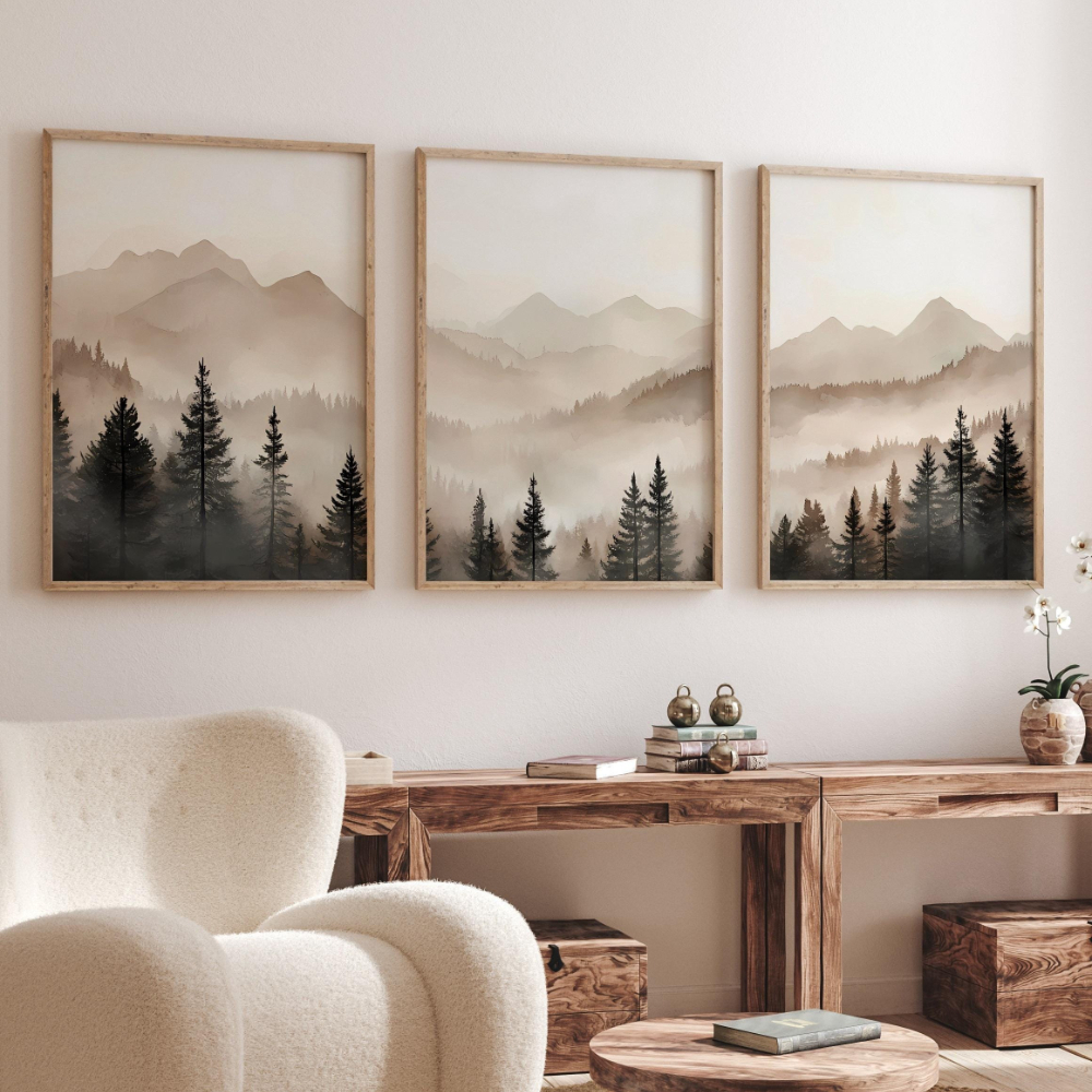Abstract Canvas Set - Abstract Forest Mountains Triptych Art Minimalist