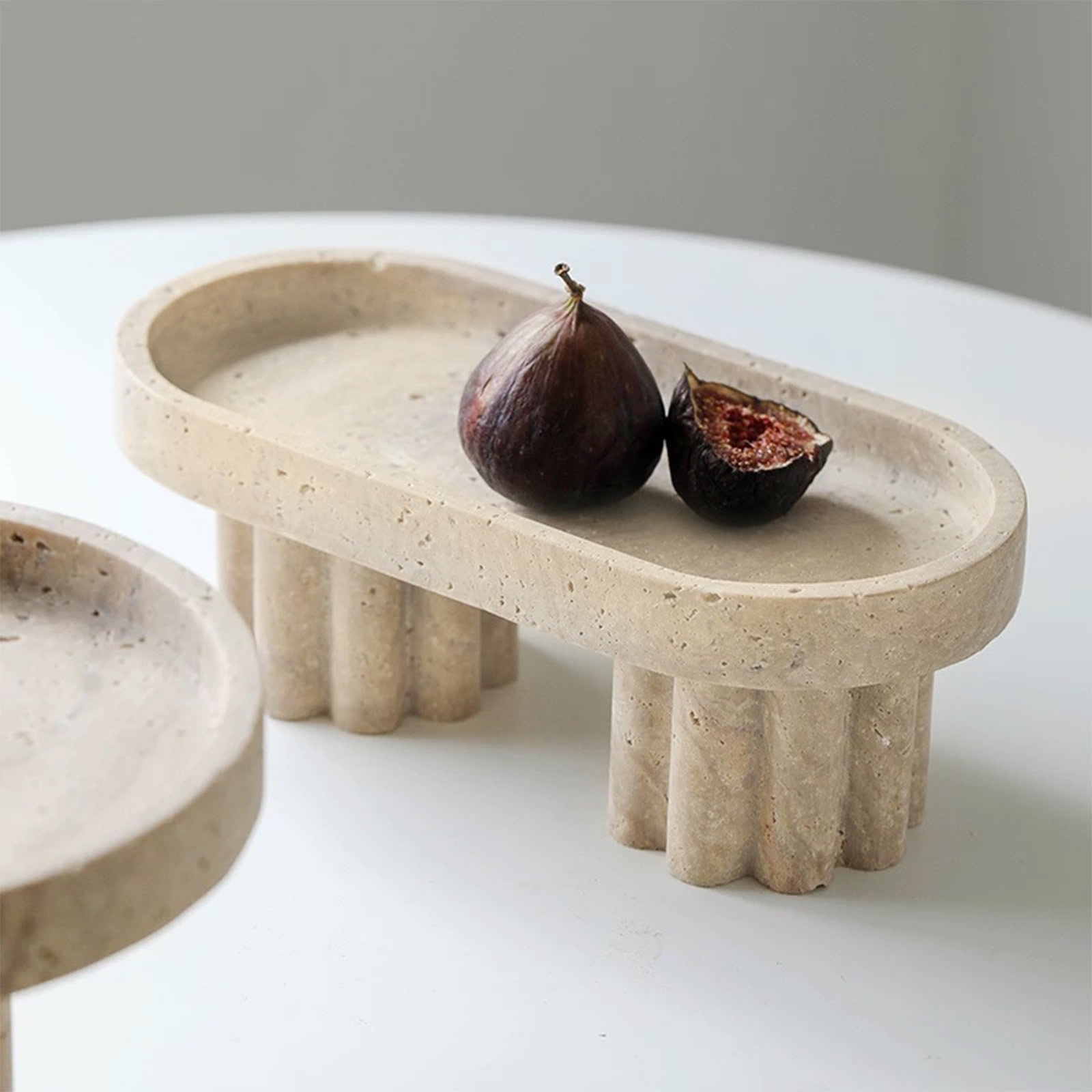 Travertine Tray Oval - Natural travertine oval tray, high-footed lace